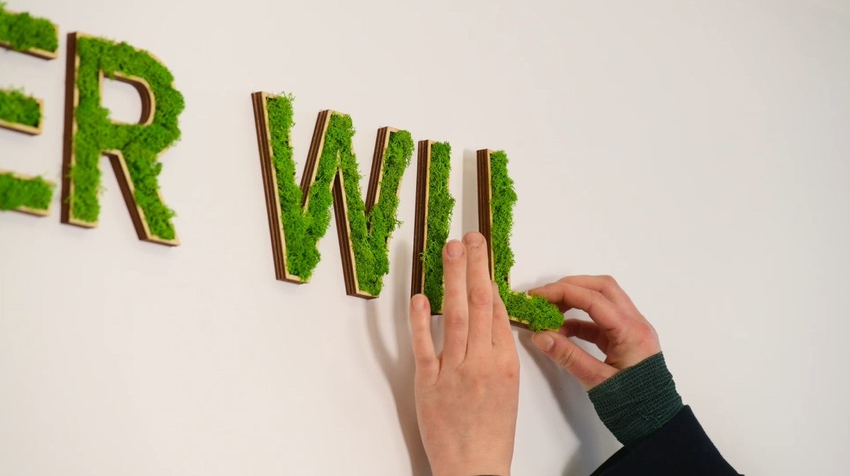 Anwendung von Moosbuchstabe Moossymbolen und Mooszahlen aus echtem Moos, selbstklebend auf Holzbasis – Wanddeko, pflegefrei